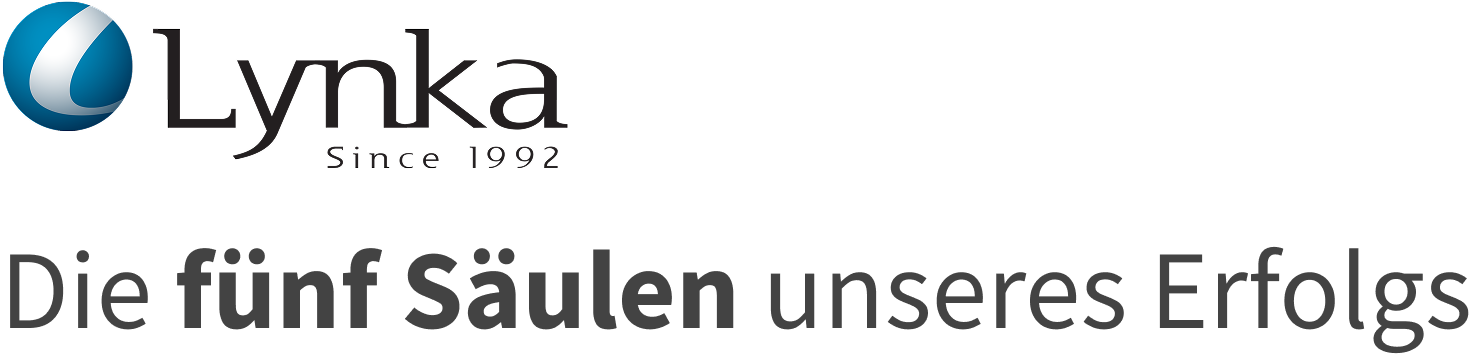 Lynka-Logo mit dem Slogan „Die fünf Säulen unseres Erfolgs“ – Darstellung der Markenwerte von Lynka.